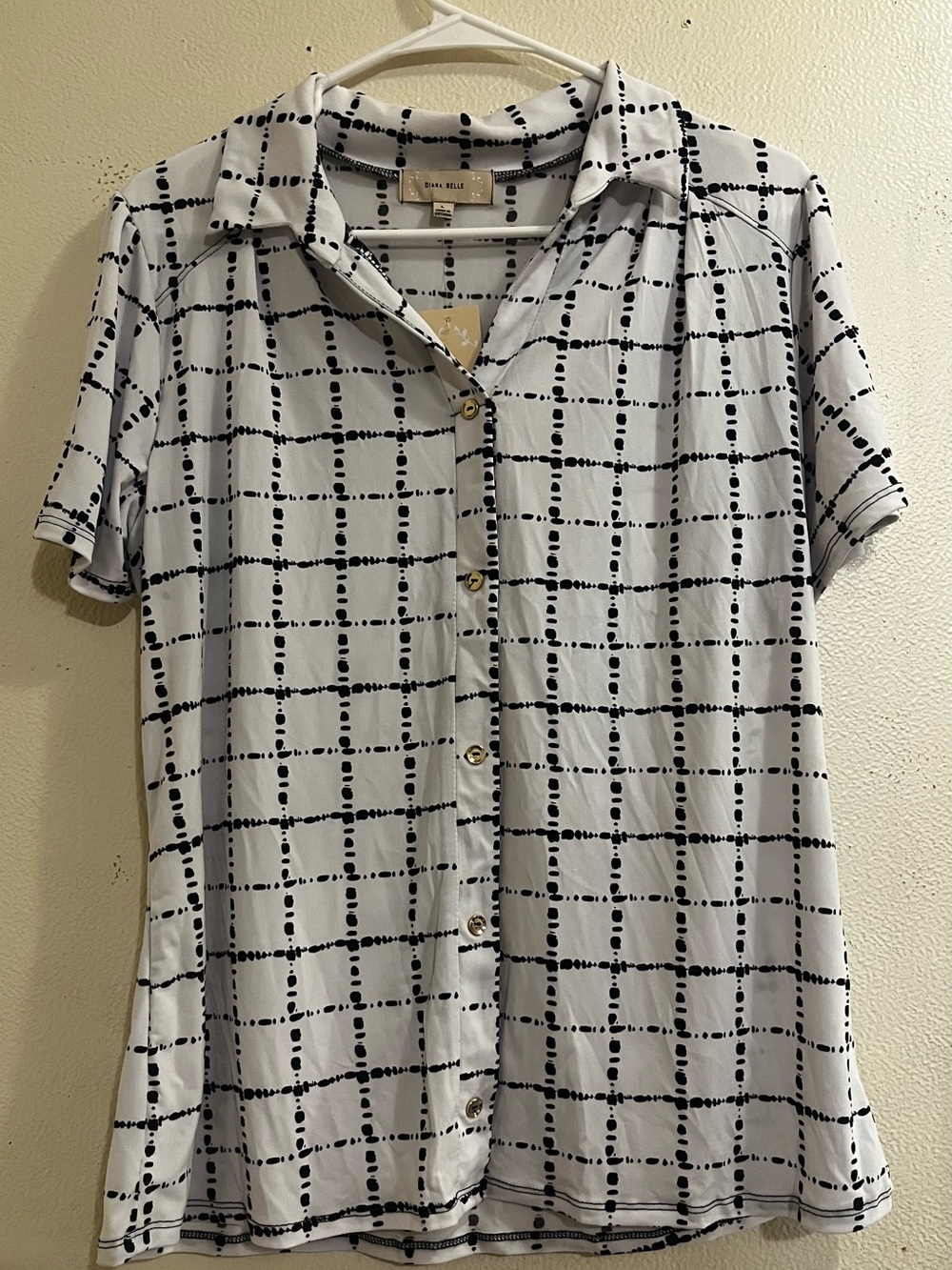 Dana Buchman White Button-Down Short Sleeve Top with Black Windowpane Dot Print